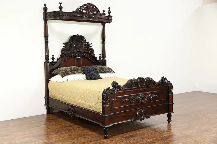 Mahogany Vintage Half Tester Queen Size Canopy Bed, Carved Birds