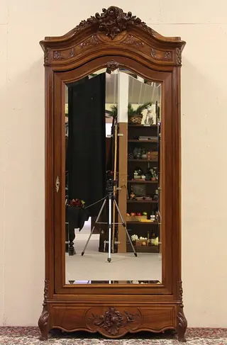 French Carved 1900 Antique Armoire, Beveled Mirror Door