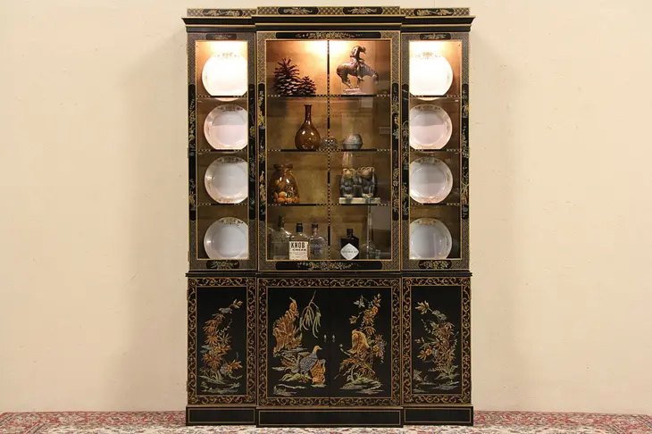 Drexel Black Lacquer Chinoiserie China Cabinet or Bookcase