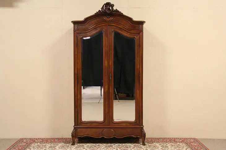 French Carved 1900 Antique Armoire, Beveled Mirror Doors