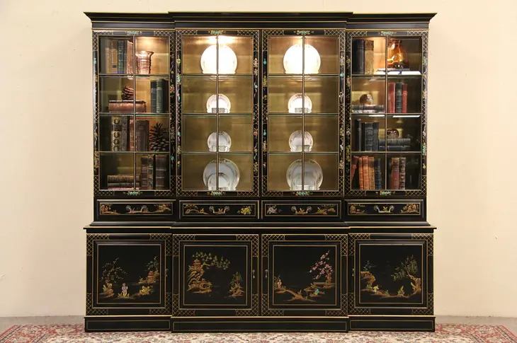 Asian Painted Lacquer Vintage Breakfront China Display Cabinet or Bookcase