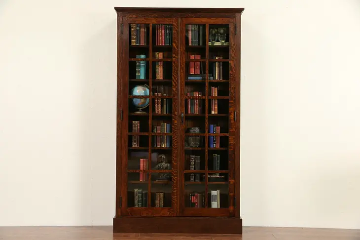 Arts & Crafts Mission Oak 1900 Antique Library Bookcase, Wavy Glass Doors