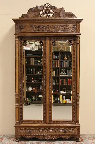 Brittany Carved Antique Chestnut 1900 Armoire with Folk Scene