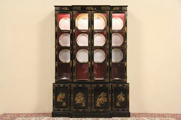 Chinoiserie Lacquered Vintage Breakfront China Cabinet or Bookcase
