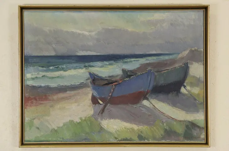 Fishing Boats at Holmsland Klit Shore in Denmark, Oil Painting