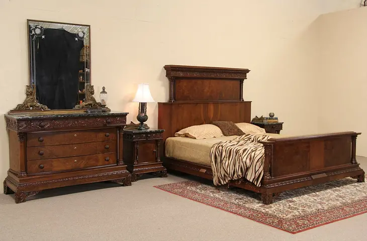Classical King Size Carved 1925 Italian Bedroom Set, Bed, Nightstands, Dresser