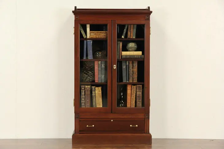 Victorian Eastlake 1870 Antique Cherry Small Bookcase, Wavy Glass Doors