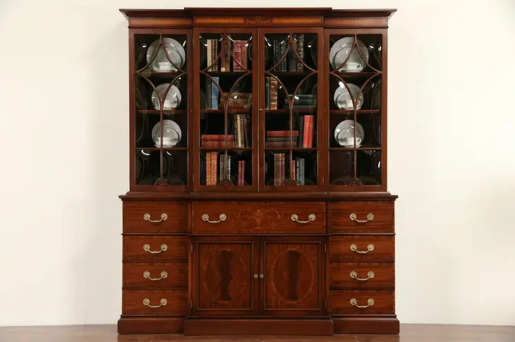 Traditional Vintage Breakfront China Cabinet or Bookcase, Mahogany & Marquetry