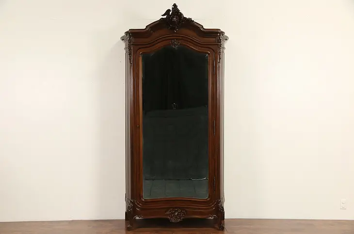 French 1900 Antique Hand Carved Walnut Armoire, Beveled Mirror Door