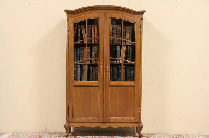 Country French Oak Bookcase, Arched Glass Doors