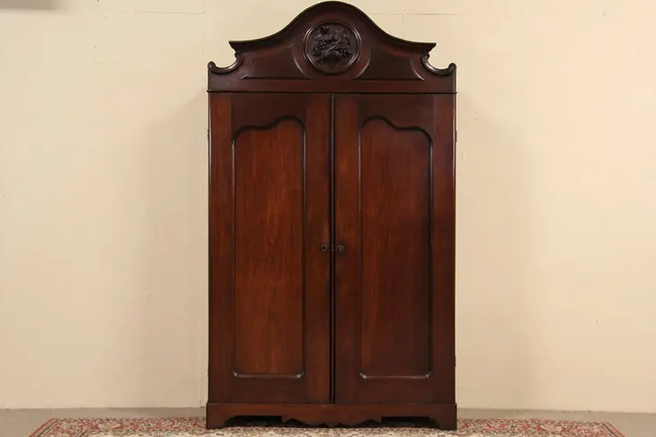 Victorian 1865 Antique Walnut Armoire, Carved Grapes Crest