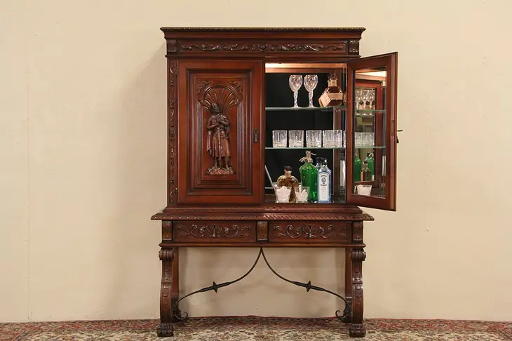 Spanish Colonial Knight Carved Bar Cabinet