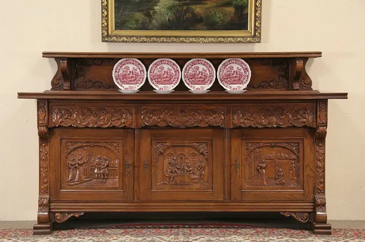 Dutch Renaissance Carved Oak 1910 Antique Sideboard, Server or TV Console