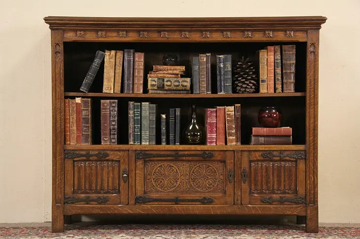 Dutch Gothic Carved Oak 1915 Antique Bookcase or TV Console
