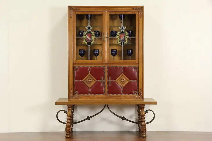 Spanish Colonial 1925 Oak Bookcase & Bar Cabinet, Leather & Leaded Stained Glass