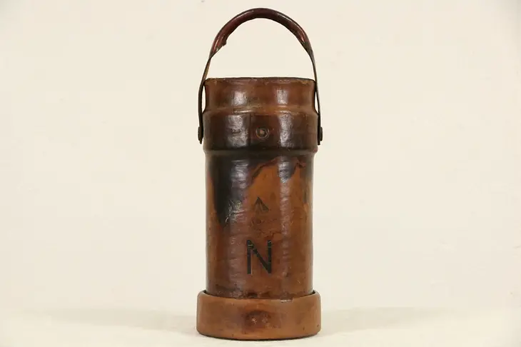 Leather Antique Bucket British Royal Navy Powder Charge Carrier, Signed 1874