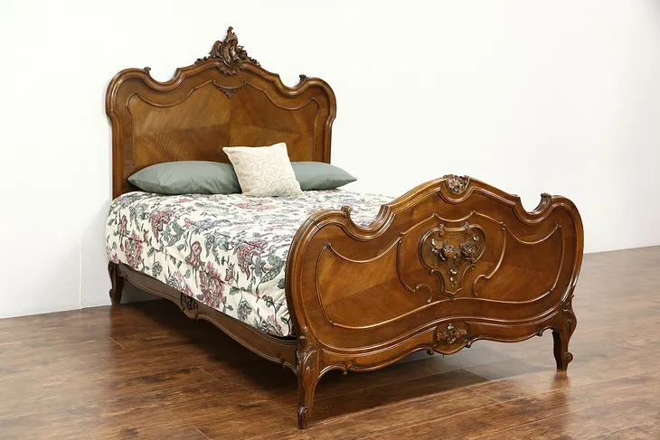 French Antique Roses & Shell Carved Walnut Full Double Size Bed