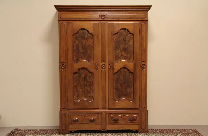 Carved Walnut Antique Armoire or Wardrobe