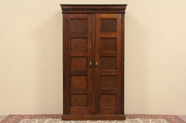 Oak 1895 Carved Armoire or Bookcase Cabinet