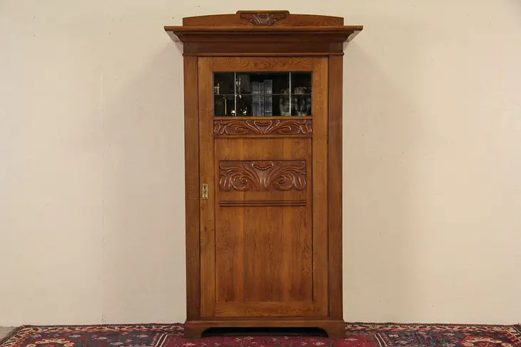 Oak Carved 1900 Arts & Crafts Bookcase or Cabinet, Leaded Glass