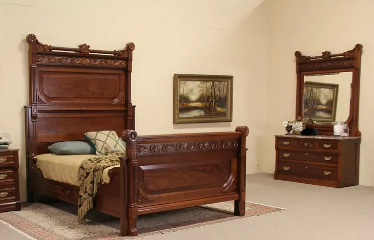 Victorian 1875 Antique Cherry Queen Size Two Piece Bedroom Set, Marble Chest