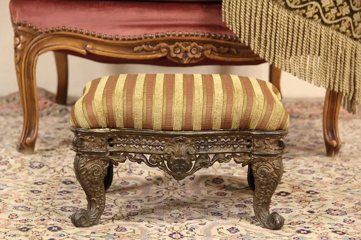 Victorian Cast Iron 1870 Antique Bronze Finish Footstool, New Upholstery