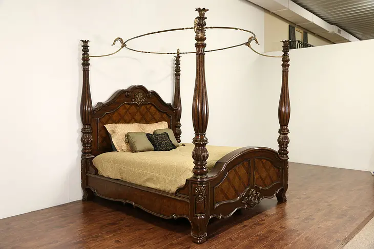 Baroque Monumental Carved Mahogany King Size Bed, Ring Canopy