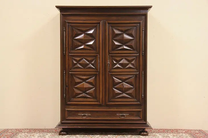 Spanish Colonial Carved 1900 Antique Armoire or Linen Cabinet