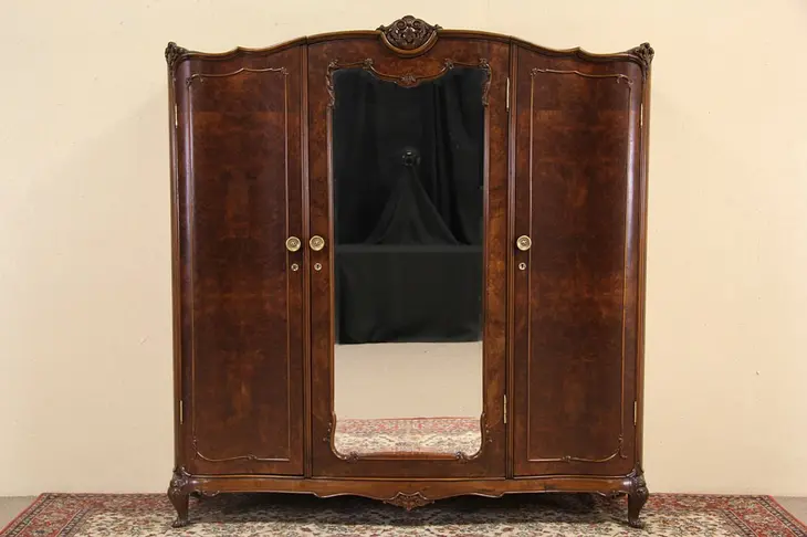 Italian Antique 1920 Carved Triple Armoire or Wardrobe, Beveled Mirror