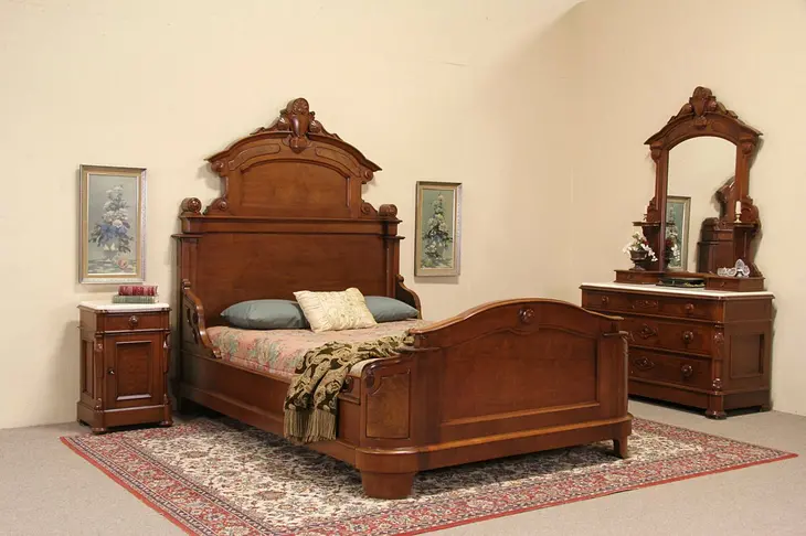 Victorian 1870 Antique 3 Piece Queen Size Bedroom Set, Marble Tops