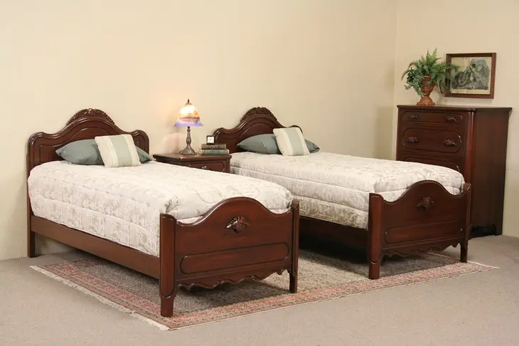 Davis Signed 1950 Vintage 4 Piece Bedroom Set, Twin Beds, Carved Grapes