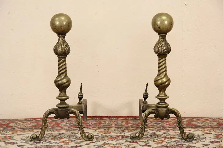 Pair of Georgian Spiral Design 1900 Brass Antique Fireplace Andirons