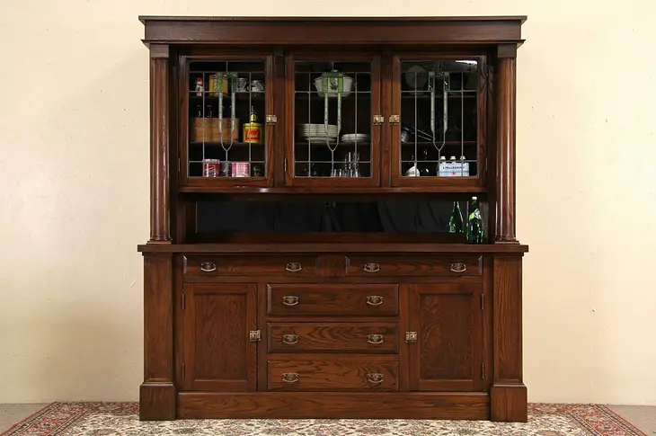 Oak 1900 Antique Back Bar or Server, Leaded Stained Glass Windows