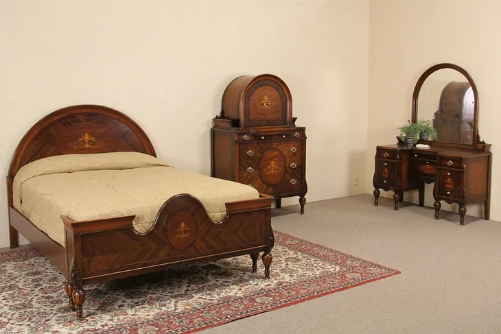 Marquetry 1920's Full Size Antique Bedroom Set, 3 Pc.