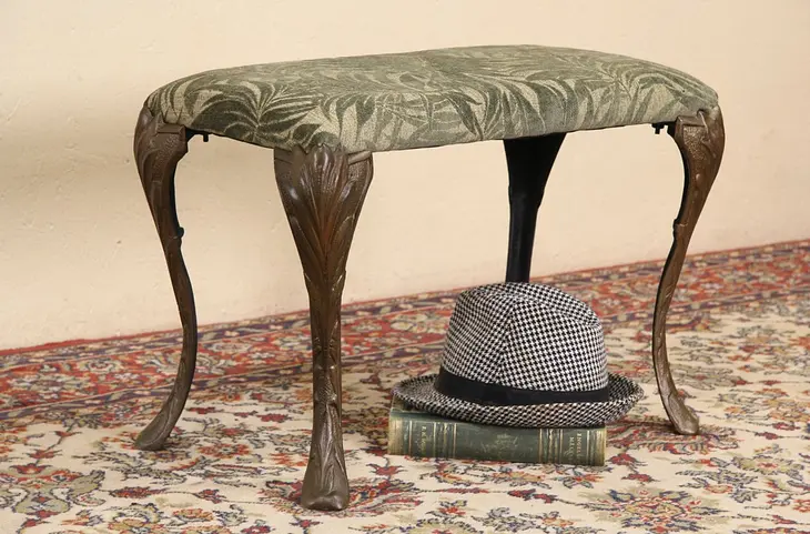 Iron 1915  Bench or Stool, New Green Upholstery