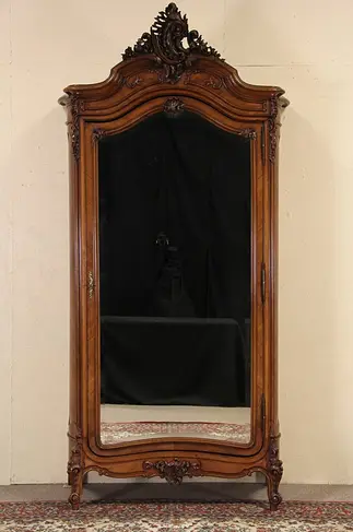 French 1900 Carved Antique Armoire, Beveled Mirror Door