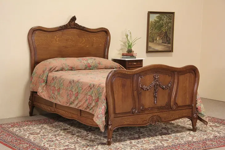Country French Carved Oak 1900 Antique Full Size Bed