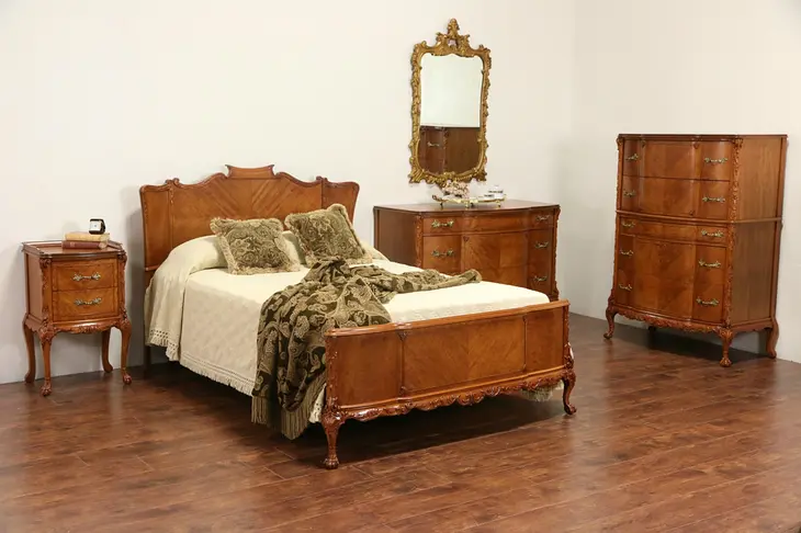 French Style 1940's Satinwood Full Size 1940's Vintage 5 Pc.  Bedroom Set