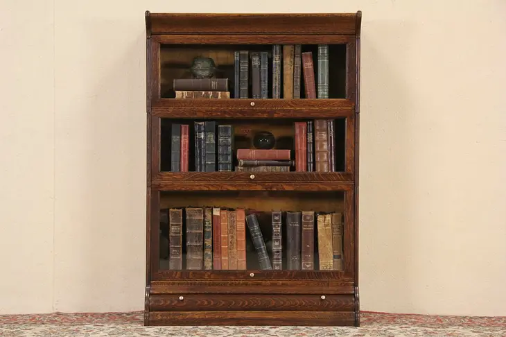 Oak 1900 Antique 3 Section Lawyer Bookcase, Signed New England