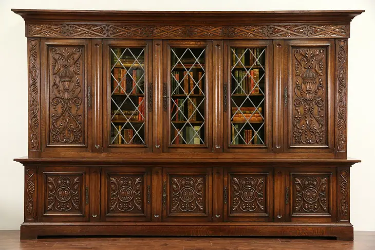 Dutch 1920 Grapevine Carved Oak 10' Library Bookcase, Leaded Glass Doors