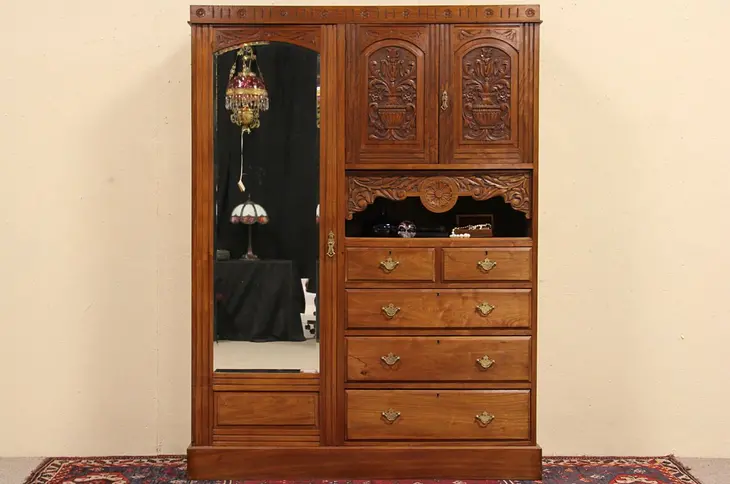 Carved 1900 Armoire, Linen Chest & Dresser Combination