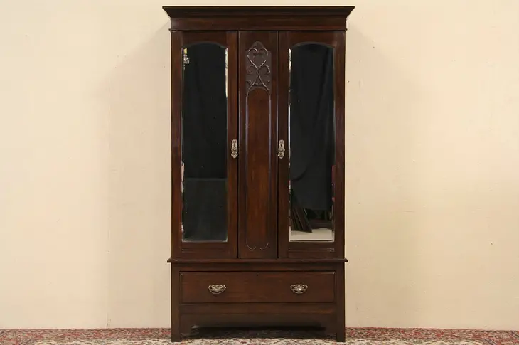 English 1900 Antique Armoire, Wardrobe or Closet, Beveled Mirrors