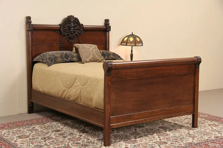 Victorian 1900 Antique North Wind Carved Oak Full Size Bed