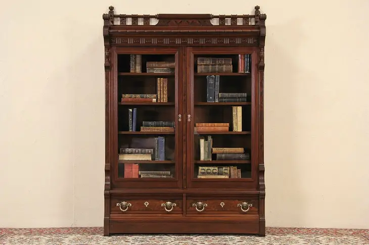 Victorian Eastlake Walnut & Burl Carved 1870's Antique Bookcase, Lion Pulls