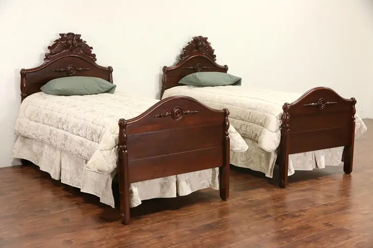 Pair of Twin Size Victorian 1875 Antique Carved Walnut Beds