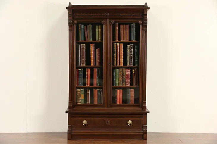 Victorian Eastlake 1880's Antique Carved Walnut Library Bookcase