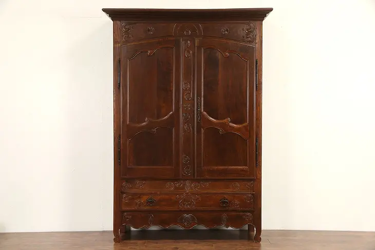 Country French Hand Carved & Hewn 1760 Era Antique Armoire, Fruitwood & Ash