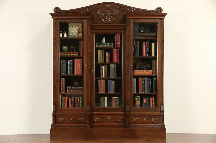 Victorian 1870 Antique Carved Walnut Triple Library Bookcase, Wavy Glass