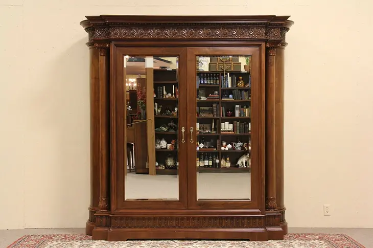 Renaissance Carved Antique 1910 Armoire, Beveled Mirror Doors