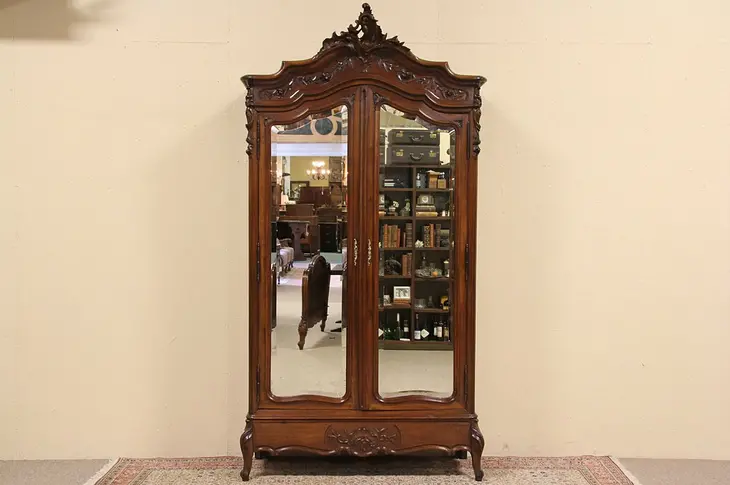 Country French 1900 Carved Armoire, Beveled Mirrors